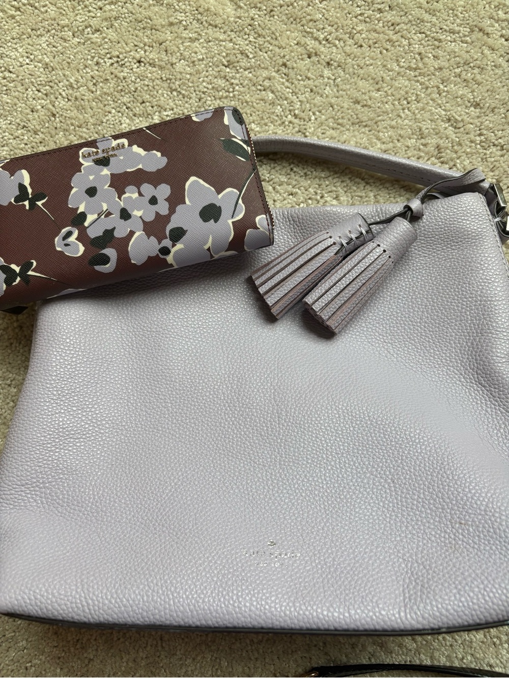 Kate Spade Pebbled Leather Tassel Hobo Bag in Light Lavender with wallet